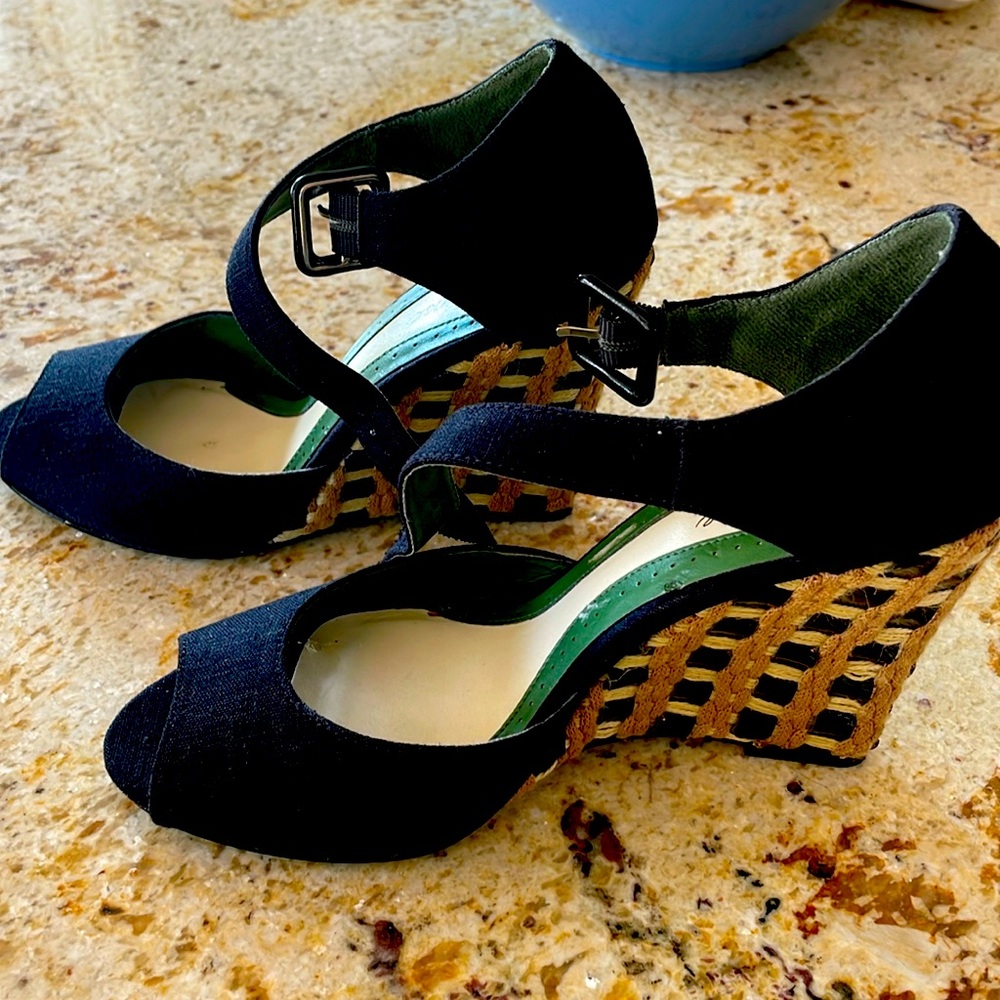 Lela Rose for Payless black Ankle Strap Heels with brown/black checkered wedge